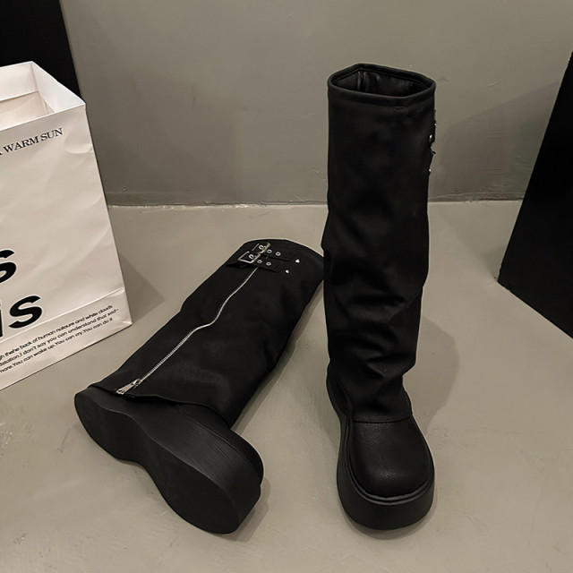 長筒靴女厚底增高2025春秋新款松糕褶皺堆堆褲管靴小個子高筒長靴