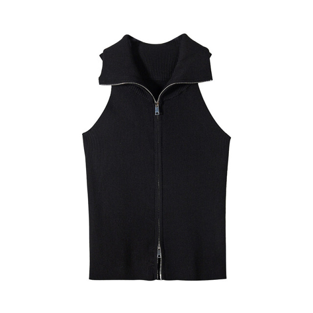 美式辣妹翻領雙拉鏈針織馬甲女2025夏季新款修身吊帶背心短款上衣