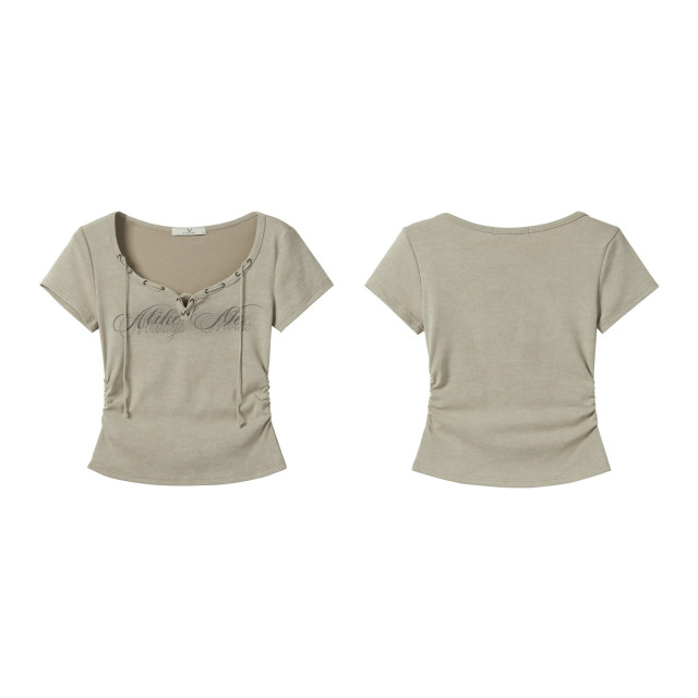 桃心領系帶字母印花短袖t恤女2025夏季新款收腰修身顯瘦短款上衣