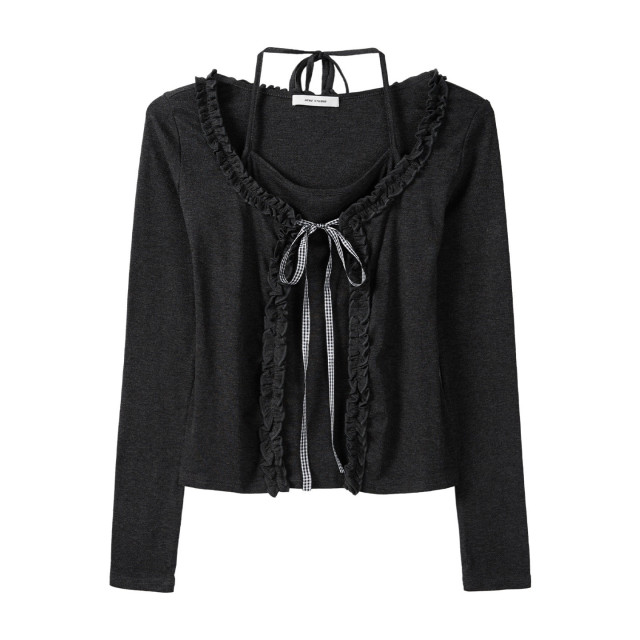 秋裝新款純欲甜辣假兩件拼接開衫披肩木耳邊掛脖長袖T恤女上衣