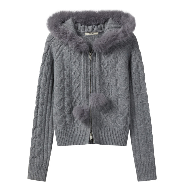 法式溫柔毛領連帽針織開衫女秋冬新款拉鏈軟糯保暖麻花毛衣外套