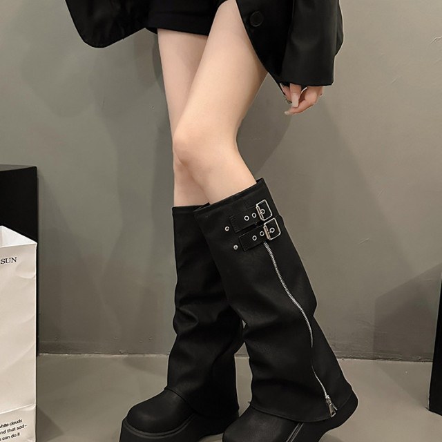 長筒靴女厚底增高2025春秋新款松糕褶皺堆堆褲管靴小個子高筒長靴