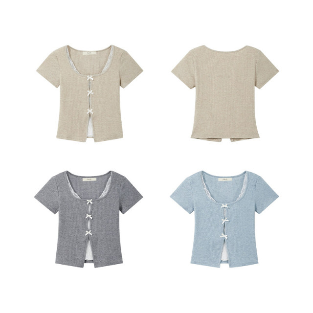 甜美蝴蝶結蕾絲拼接假兩件短袖T恤女2025新款純欲修身短款上衣