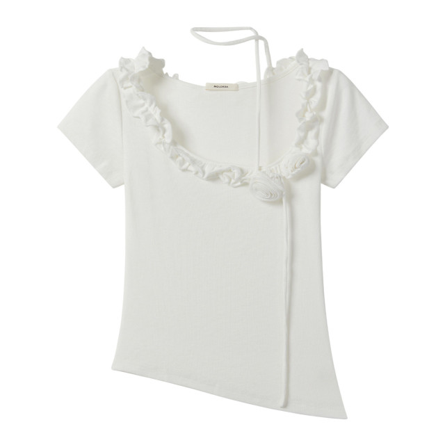 甜辣純欲立體花朵木耳邊短袖T恤女夏季新款系帶不規則修身上衣