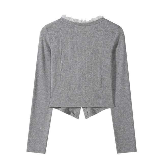 短款假兩件拼接長袖T恤女2025早春秋新款純欲甜辣妹修身系帶上衣