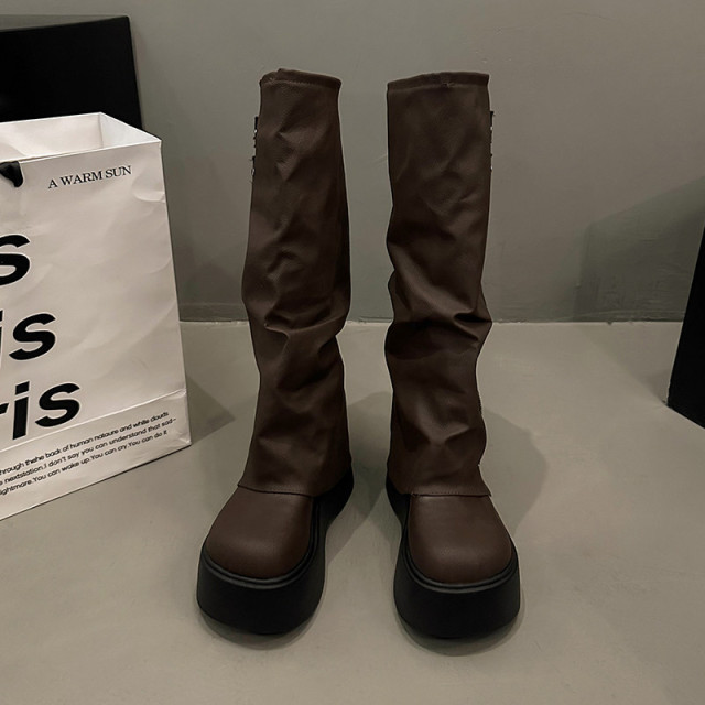 長筒靴女厚底增高2025春秋新款松糕褶皺堆堆褲管靴小個子高筒長靴