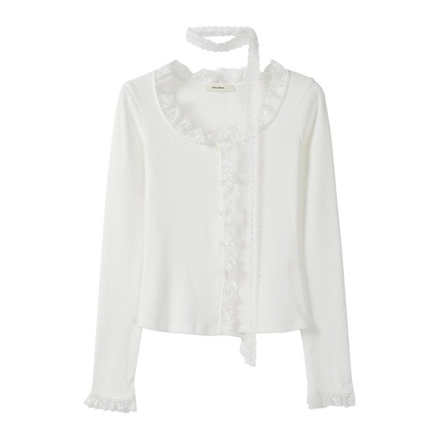 氣質蕾絲飄帶圓領純色長袖T恤2025年秋季新款休閑百搭花邊上衣