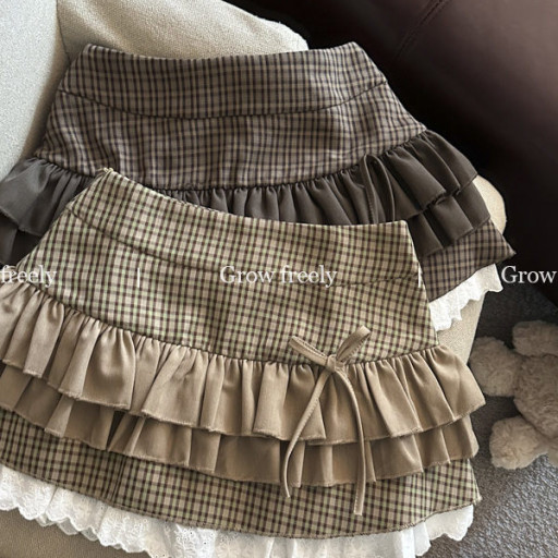 Grow freely 法式復古格紋芭蕾風半身裙女秋季辣妹蓬蓬蛋糕短裙子