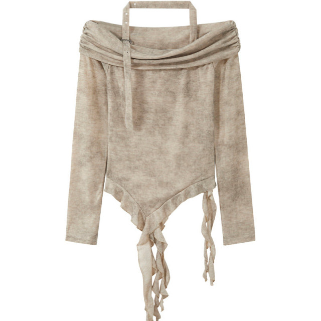 美式復古一字肩掛脖長袖上衣秋冬新款甜辣不規則飄帶修身短褲上衣