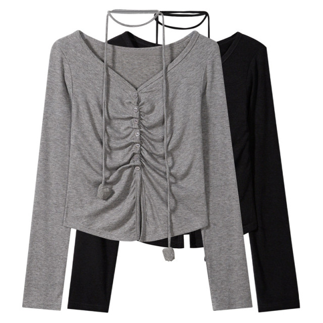 初秋新款純欲甜辣短款設計感弧形露腰收褶掛脖長袖T恤女V領上衣