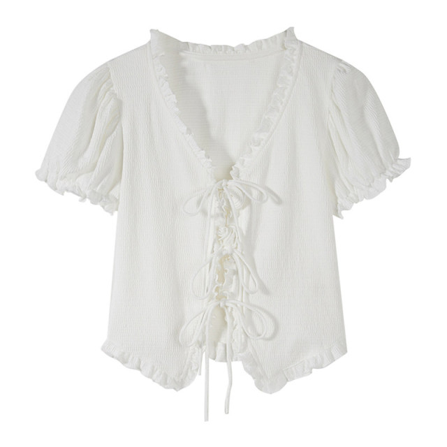 短款泡泡袖襯衫女夏季2025新款法式設計感V領玫瑰花系帶短袖上衣