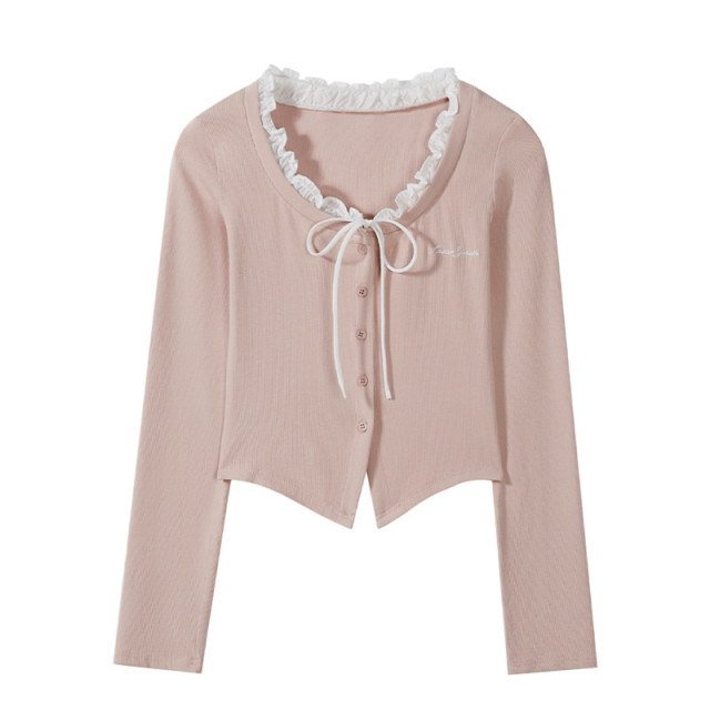 短款假兩件拼接長袖T恤女2025早春秋新款純欲甜辣妹修身系帶上衣