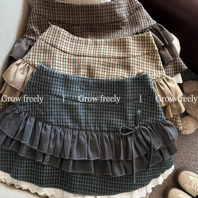 Grow freely 法式復古格紋芭蕾風半身裙女秋季辣妹蓬蓬蛋糕短裙子