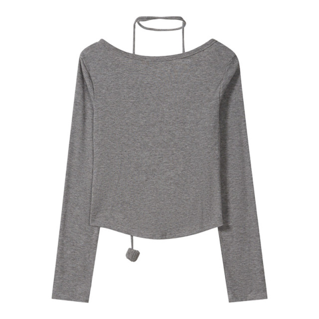 初秋新款純欲甜辣短款設計感弧形露腰收褶掛脖長袖T恤女V領上衣