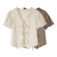 短款泡泡袖襯衫女夏季2025新款法式設計感V領玫瑰花系帶短袖上衣