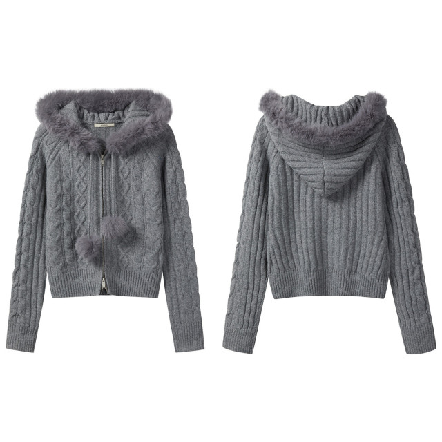 法式溫柔毛領連帽針織開衫女秋冬新款拉鏈軟糯保暖麻花毛衣外套