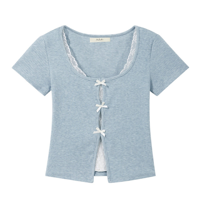 甜美蝴蝶結蕾絲拼接假兩件短袖T恤女2025新款純欲修身短款上衣