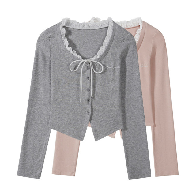 短款假兩件拼接長袖T恤女2025早春秋新款純欲甜辣妹修身系帶上衣