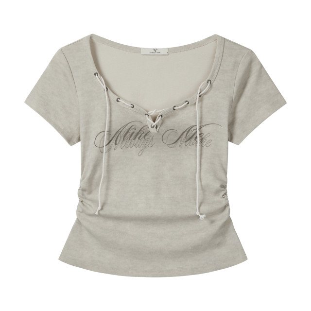 桃心領系帶字母印花短袖t恤女2025夏季新款收腰修身顯瘦短款上衣