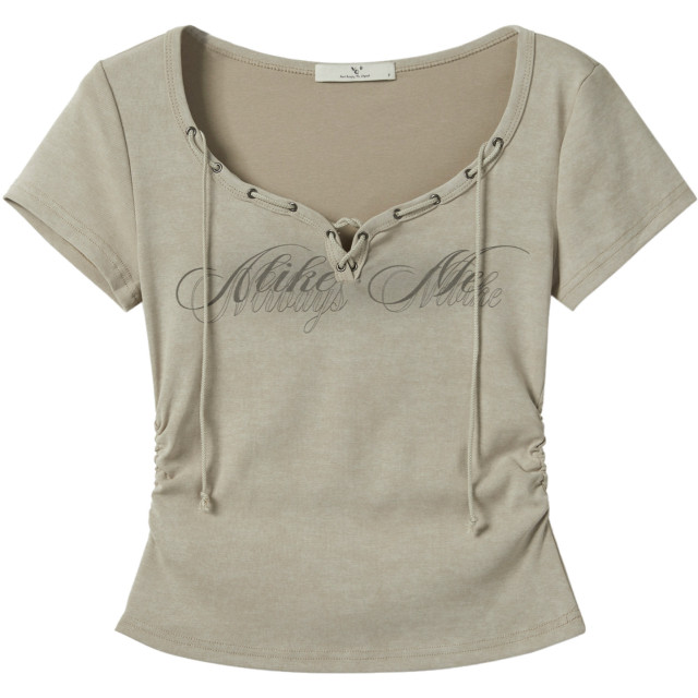 桃心領系帶字母印花短袖t恤女2025夏季新款收腰修身顯瘦短款上衣