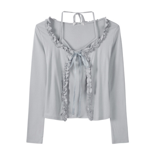 秋裝新款純欲甜辣假兩件拼接開衫披肩木耳邊掛脖長袖T恤女上衣