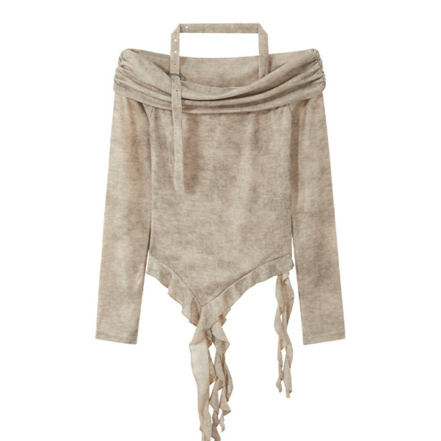 美式復古一字肩掛脖長袖上衣秋冬新款甜辣不規則飄帶修身短褲上衣