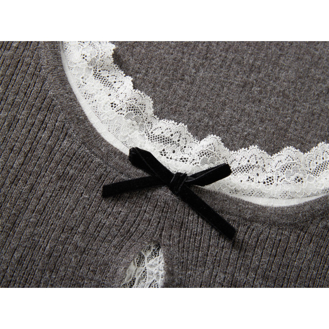 假兩件蕾絲花邊長袖針織衫女新款秋季氣質甜美蝴蝶結純欲修身上衣