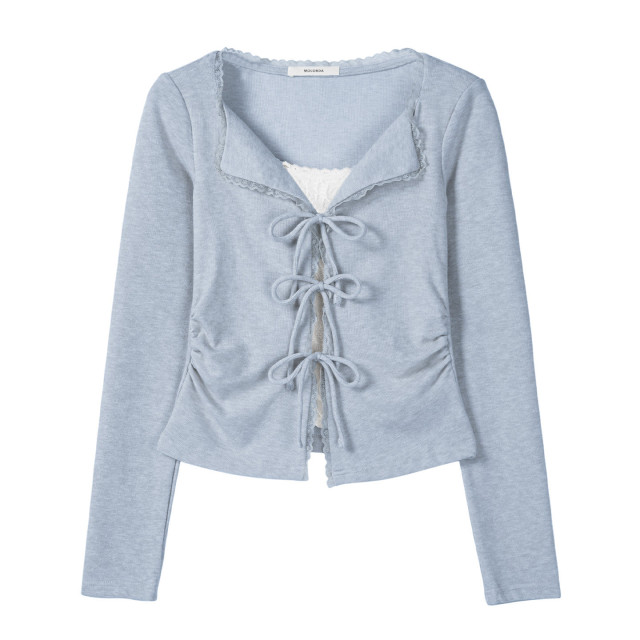 2025秋季新款蕾絲花邊綁帶長袖T恤女甜辣美收腰設計感假兩件上衣