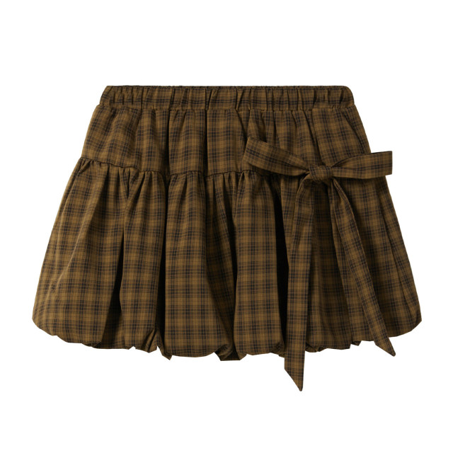 秋裝新款韓系高腰A字顯瘦松緊腰格子裙女蝴蝶結花苞裙半身短裙