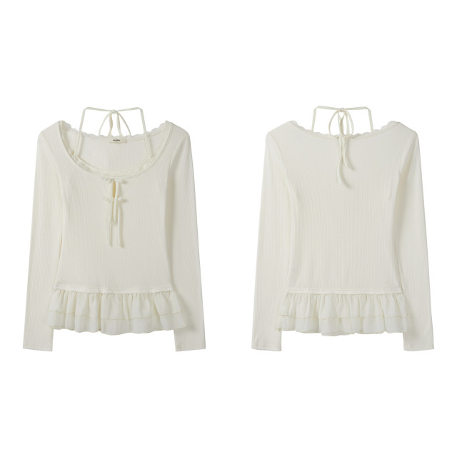 假兩件蕾絲拼接設計感長袖T恤女早秋新款掛脖系帶韓風百搭上衣