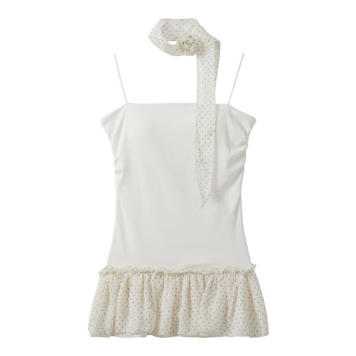 波點掛脖花邊吊帶背心女夏季外穿帶胸墊抹胸收腰修身無袖上衣