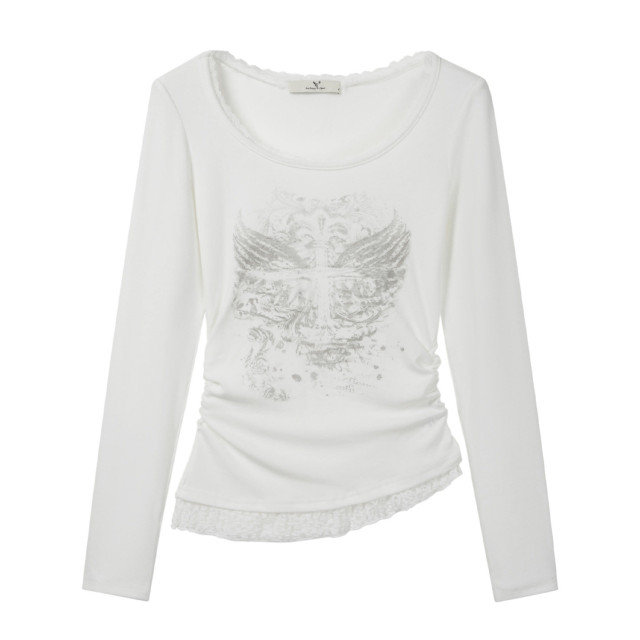 秋裝新款純欲甜辣圓領蕾絲拼接印花長袖T恤女不規則褶皺修身上衣