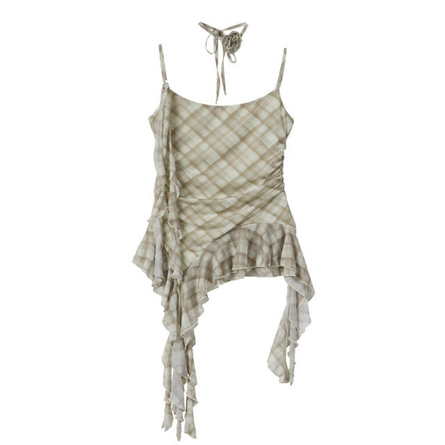 法式小眾短款設計感吊帶背心女夏裝新款格子網紗荷葉邊上衣