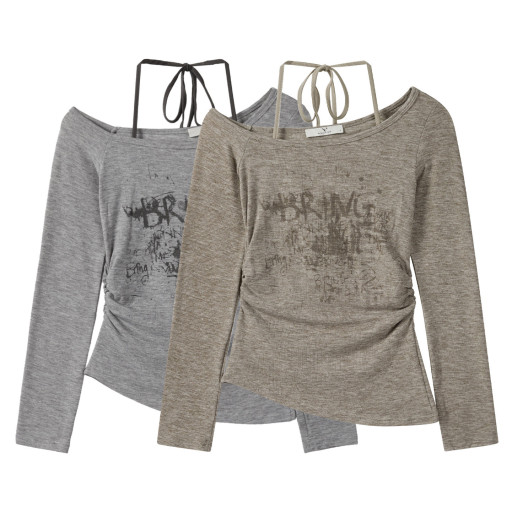 秋季新款長袖掛脖假兩件長袖T恤女一字肩印花美式純欲甜辣上衣