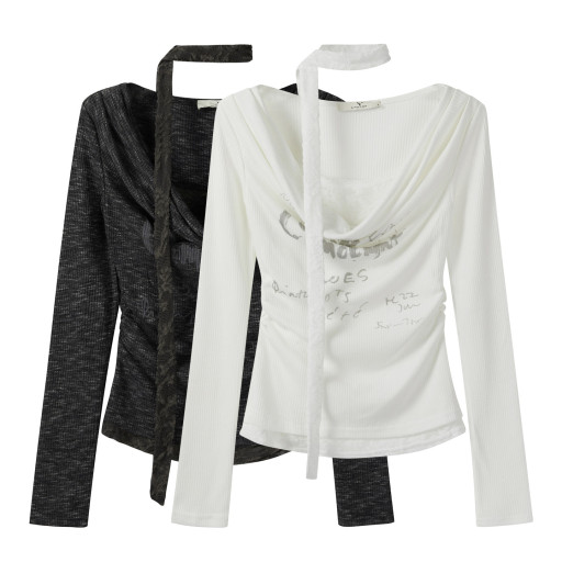 假兩件蕾絲拼接字母印花長袖打底衫女秋季新款褶皺內搭掐腰上衣