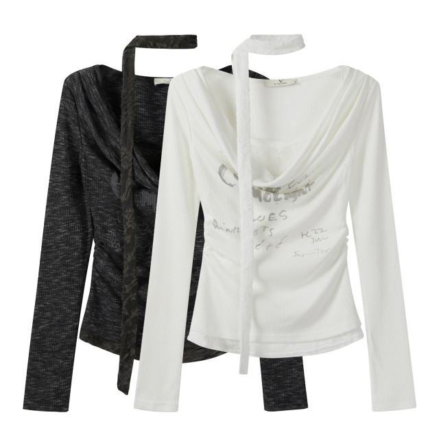 假兩件蕾絲拼接字母印花長袖打底衫女秋季新款褶皺內搭掐腰上衣