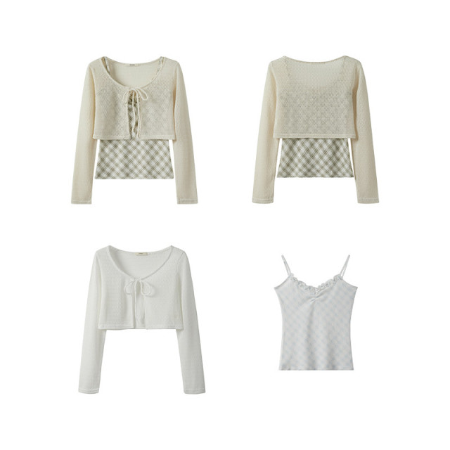 春季新款甜美木耳邊短款菱格吊帶背心長袖系帶鏤空針織開衫兩件套