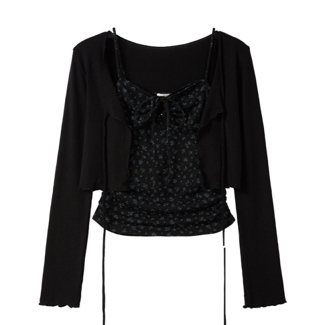 春夏新款純欲甜辣短款碎花系繩吊帶背心長袖開衫兩件套