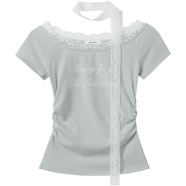 甜辣一字肩蕾絲邊短袖印花T恤女2025春夏新款收腰修身顯瘦上衣