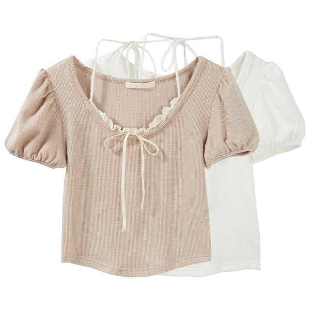 弧形短款假兩件系帶掛脖蕾絲泡泡袖夏季新款上衣