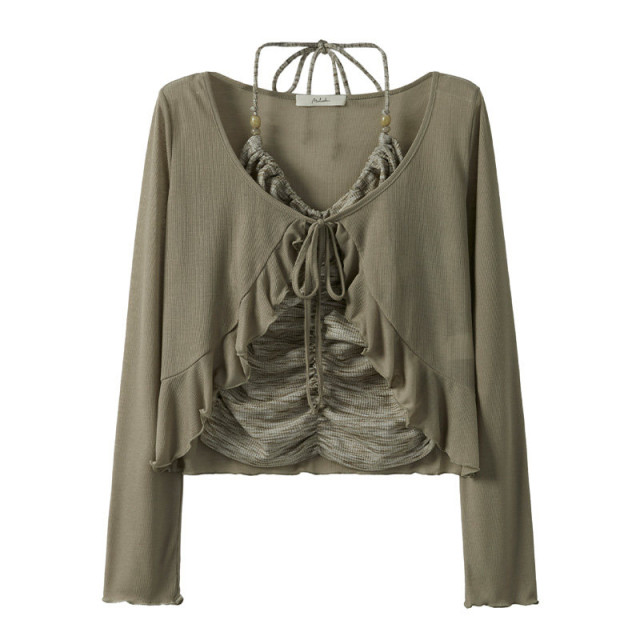 純欲甜辣扎染褶皺系帶掛脖吊帶背心荷葉邊長袖系繩開衫兩件套上衣