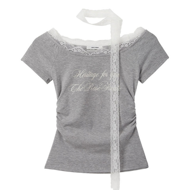 甜辣一字肩蕾絲邊短袖印花T恤女2025春夏新款收腰修身顯瘦上衣