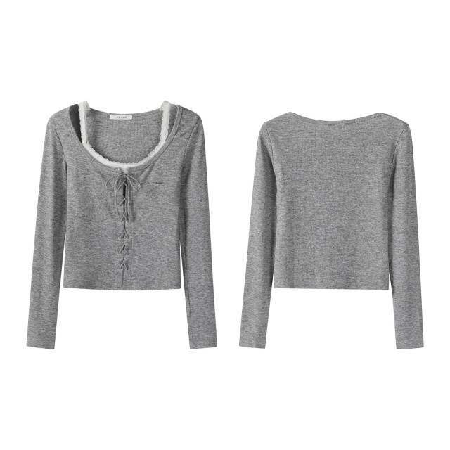 辣妹甜美蕾絲拼接假兩件長袖t恤女秋季新款修身修身顯瘦打底上衣