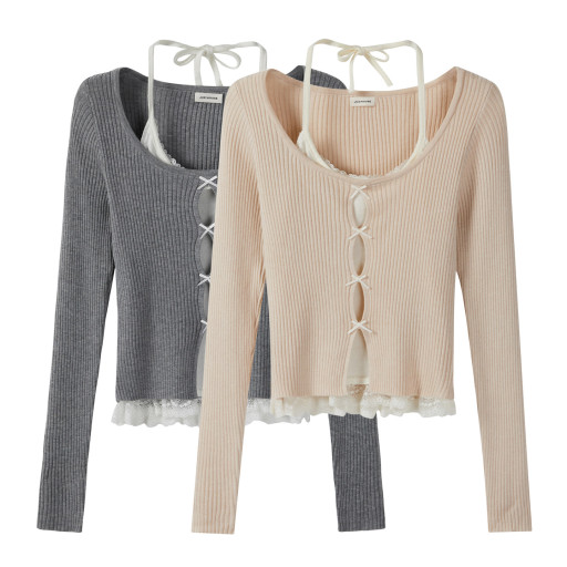 設計感蕾絲蝴蝶結假兩件掛脖長袖針織t恤女秋季新款獨特絕美上衣