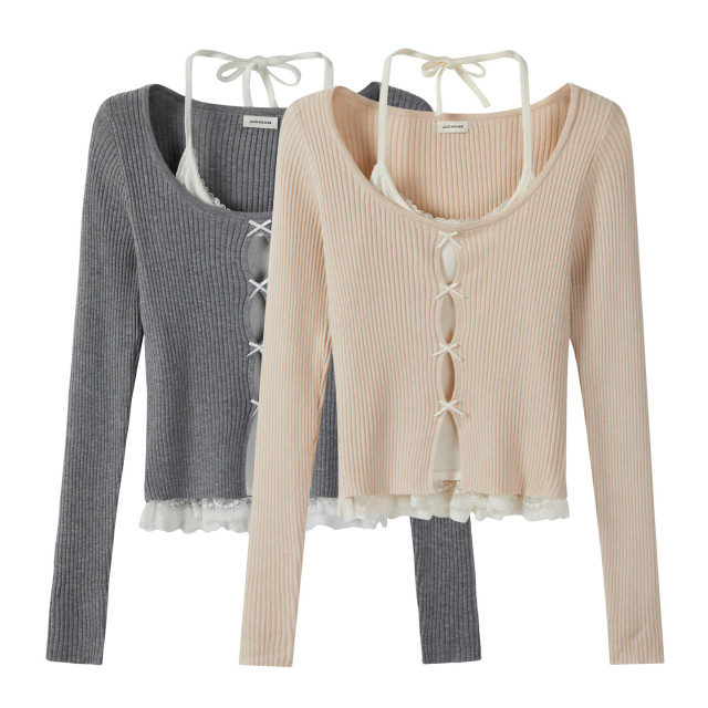 設計感蕾絲蝴蝶結假兩件掛脖長袖針織t恤女秋季新款獨特絕美上衣