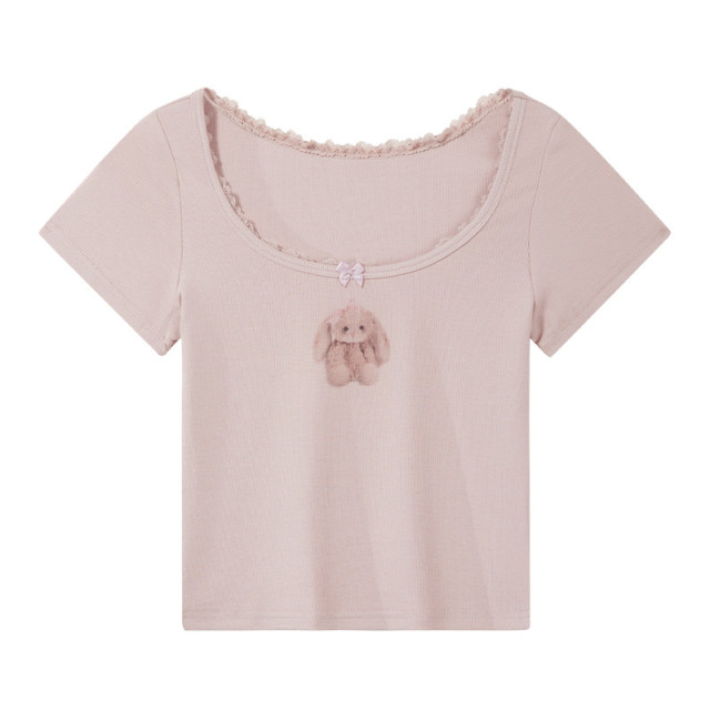 日系蕾絲花邊蝴蝶結可愛兔子短袖T恤修身顯瘦純欲辣妹短款上衣女