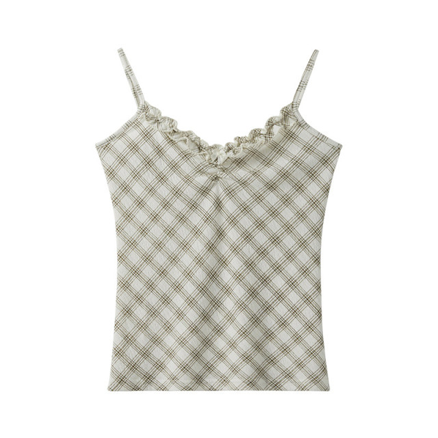 春季新款甜美木耳邊短款菱格吊帶背心長袖系帶鏤空針織開衫兩件套