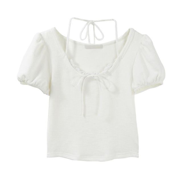 弧形短款假兩件系帶掛脖蕾絲泡泡袖夏季新款上衣