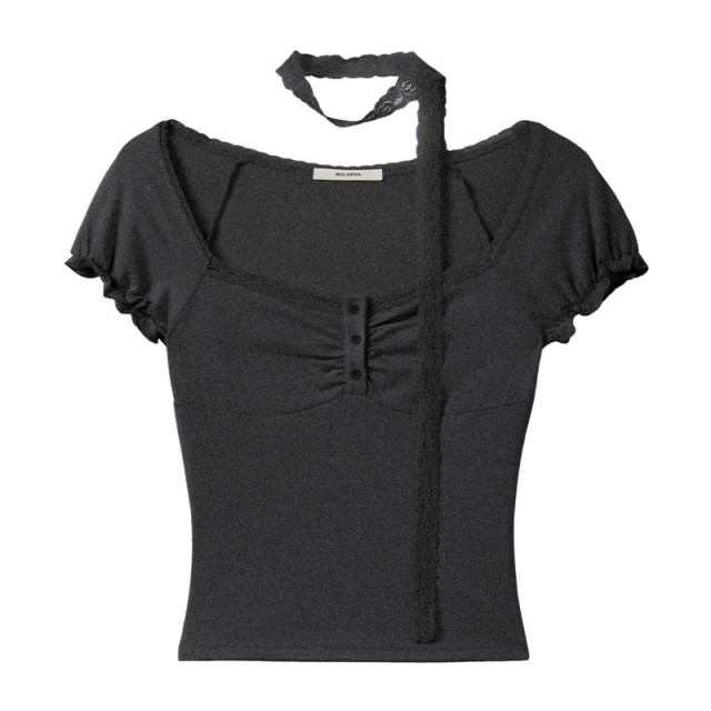 純欲甜辣蕾絲邊方領短袖T恤女2025夏季新款短款褶皺收腰修身上衣