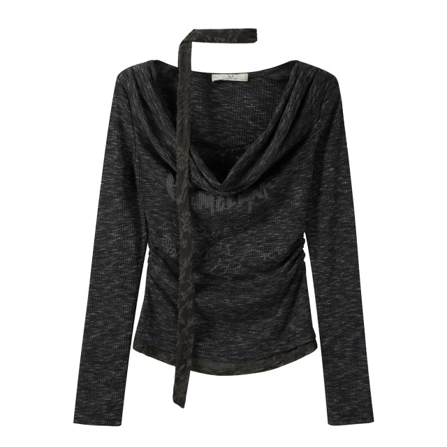 假兩件蕾絲拼接字母印花長袖打底衫女秋季新款褶皺內搭掐腰上衣